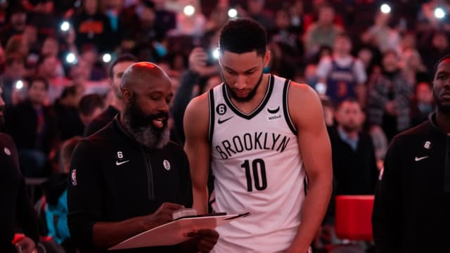 Brooklyn Nets head coach Jacque Vaughn with guard Ben Simmons